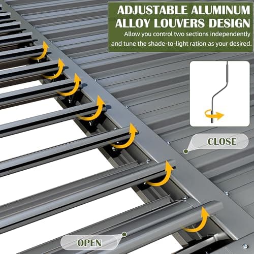 Aluminum 10x12 FT Louvered Pergola, Outdoor Pergola with Adjustable Louvered Roof Outdoor Patio Shade Cover, Waterproof & Rustproof Aluminum Gazebo for Backyard and Garden, Gray
