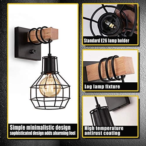 Black Wall Sconces with Dimmer ON/Off Switch, Cage Wall Mount Light Fixture Industrial Farmhouse Lighting for Living Room Kitchen, C71Y215
