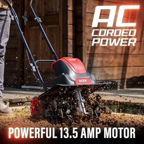 MZK 16-Inch 13.5-Amp Corded Electric Tiller/Cultivator, 8-inch tillling Depth with Adjustable Wheels, Foldable Electric Rototiller for Garden Soil Digging