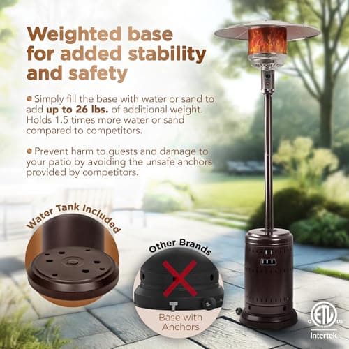Amazon Basics 46,000 BTU Outdoor Propane Patio Heater with Wheels, Commercial & Residential, Havana Bronze, with Water Tank, 32.1 x 32.1 x 91.3 inches (LxWxH)