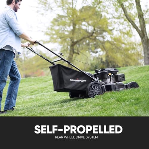 PowerSmart Self Propelled Gas Lawn Mower, 22 in. with 170cc OHV Engine, 3-in-1 Rear-Wheel-Drive High Wheels, Black
