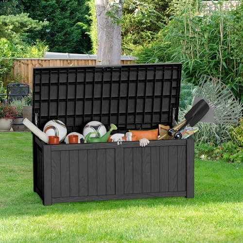 120 Gallon Lockable Resin Deck Box, Waterproof & UV-Resistant Outdoor Storage Box for Outdoor Cushion Storage and Delivery Storage Box, Black