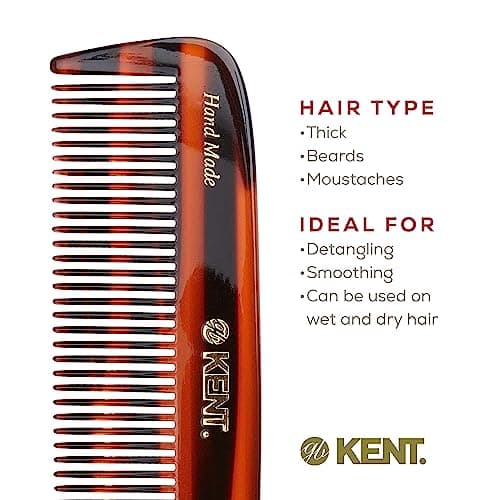 KENT 12T Wide Tooth Detangling Comb - 5.5" Handmade Pocket Comb for Thick, Curly, and Wavy Hair, Large Tooth Grooming Comb for Hair, Beard, and Mustache - Saw-Cut and Hand Polished