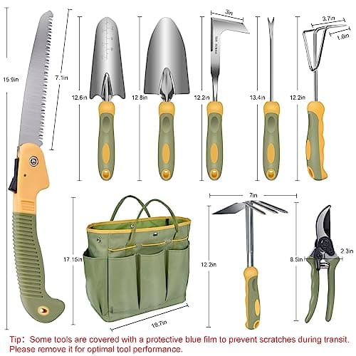 Garden Tool Set, WisaKey 9 Piece Stainless Steel Heavy Duty Green Gardening Tools with Non-Slip Ergonomic Handle, Durable Garden Tool Bag, Ideal Gardening Hand Tools, Gardening Gifts for Women and Men