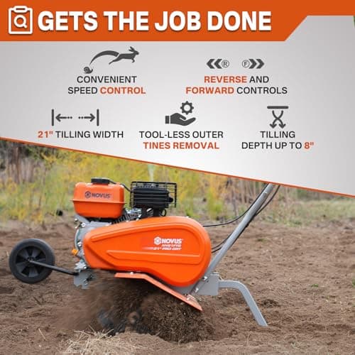 NOVUS 21-Inch Gas Tiller for Gardening, 212cc Front Tine Tiller Cultivator, 4-Cycle Engine with Toolless Adjustable Tilling Width 12"-21", Versatile Garden Tillers Gas Powered