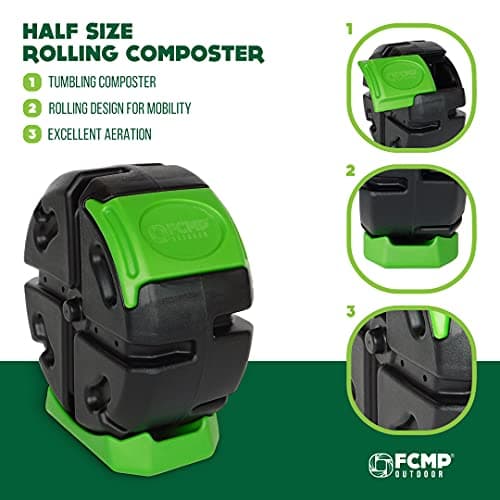 FCMP Outdoor HOTFROG Half Size Rolling Single Chamber Batch Tumbling Composter - Outdoor Rotating Garden Compost Bin (HF-RC2000WB-GRN) Black & Green (19-Gallon)