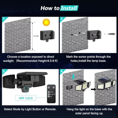 Tuffenough Solar Outdoor Lights 2500LM 210 LED Security Lights with Remote Control,3 Heads Motion Sensor Lights, IP65 Waterproof,270° Wide Angle Flood Wall Lights with 3 Modes(4 Packs)