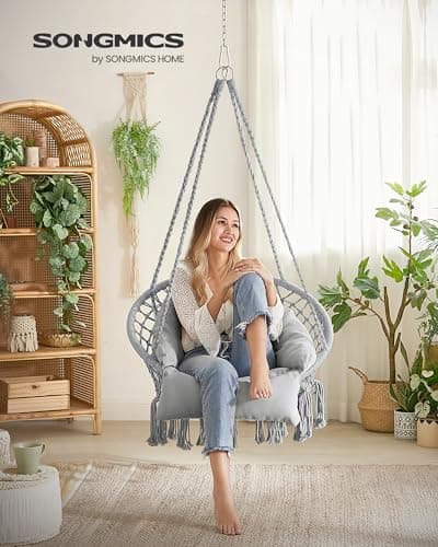 SONGMICS Hanging Chair, Hammock Chair with Large, Thick Cushion, Boho Swing Chair for Bedroom, Patio, Balcony, Garden, Holds up to 264 lb, Accessories Included, Dove Gray UGDC042G11