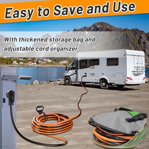 50 Amp 50 Foot RV Extension Cord, 14-50P to SS2-50R Heavy Duty STW Generator Extension Cord for RV Camper and Generator to House, with Locking Connector and Cord Organizer(50 Foot Black&Orange)