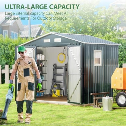 8x6FT Outdoor Steel Storage Shed with Frame Floor,Clear Window, Lockable Doors, Weather-Resistant Metal Tool Shed for Garden, Backyard, Patio, and Utility Storage