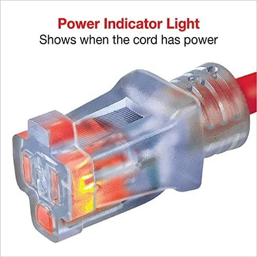Clear Power 50 ft Heavy Duty Extreme Cold Weather Outdoor Extension Cord 12/3 SJTW, Lighted Connector, Red, Water & Weather Resistant Flame Retardant, 3 Prong Grounded Plug, DCOC-0107-DC