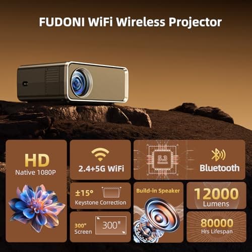 FUDONI Projector with WiFi and Bluetooth 4K Supported, Upgraded Outdoor Movie Projectors Native 1080P FHD 12000L, Video Proyector for Home Theater, Compatible w/HDMI/USB/iOS/Android/Windows/TV Stick