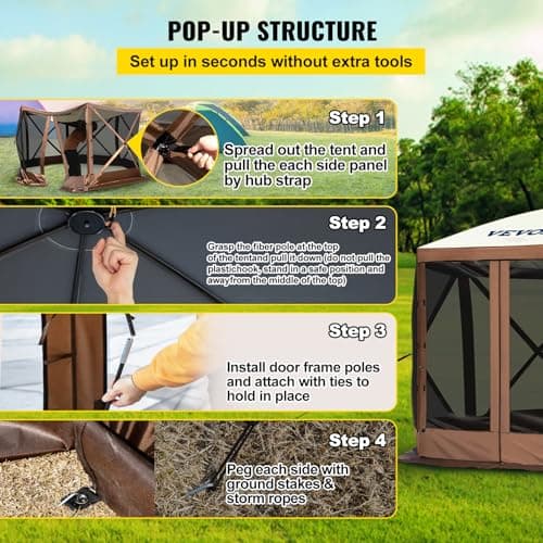 VEVOR Pop Up Gazebo Screen Tent 12 x 12 Ft, 6-Sided Camping Gazebo Instant Canopy Sun Shelter with 6 Removable Privacy Wind Cloths, Mosquito Netting, 300D Oxford Cloth for Patio, Backyard, Lawn