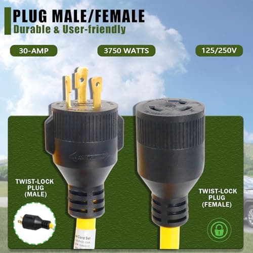 Wadoy 3 Prong Generator Cord 30 Amp, Yellow Generator Power Inlet Box and 10Ft Generator Power Extension Cord NEMA L5-30P to L5-30R 125V, 3750W Generator Power Inlet Organizer Combo Kit ETL Listed