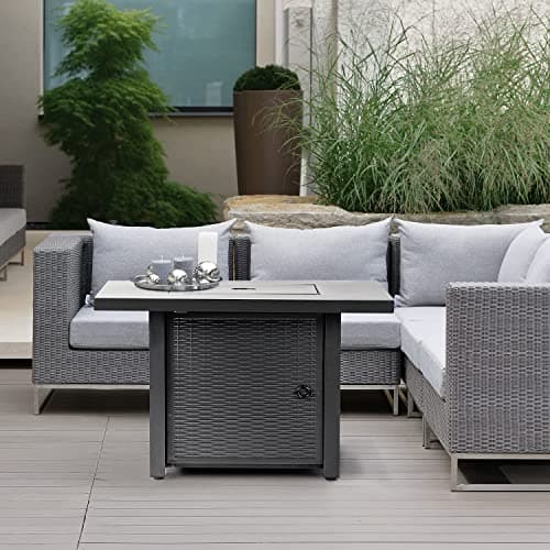 Devoko 28 inch Patio Propane Fire Pit 50,000 BTU Outdoor Gas FirePit Table with Lid and Lava Rock for Garden, Courtyard and Backyard, Black