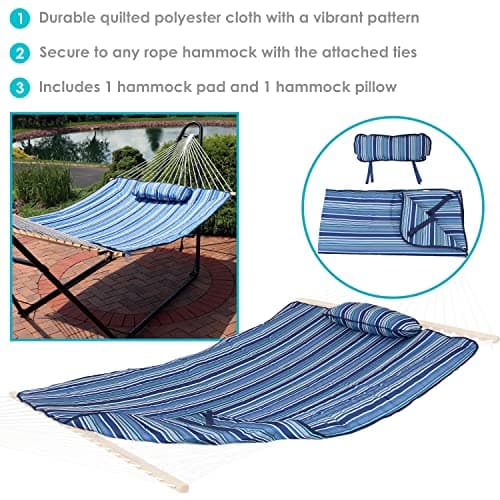Sunnydaze Polyester Quilted Hammock Pad and Pillow Set - Weather-Resistant - Breakwater Stripe