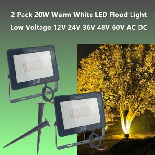 2 Pack 20W Watt Warm White LED Flood Light Outdoor Waterproof IP65, Wall Floodlight Security Landscape Light, Home, Square, Yard, Garage, Street, Pathway, Low Voltage 12V 24V 36V 48V 60V AC DC