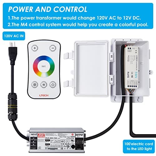 HQUA PN01DC 120V AC Remote Control LED RGBW Color Change Inground Pool Light, 10 Inch 50W with 100 Feet Cord, UL Listed Transformer Included, Fit for 10" Large Wet Niches.