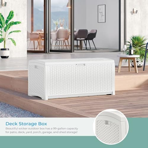 Suncast 99 Gallon Wicker Horizontal Outdoor Deck Box with Hinged Lid, Water-Resistant Storage Solution for Patio, Deck, Yard, and Garage, White, Made in the USA