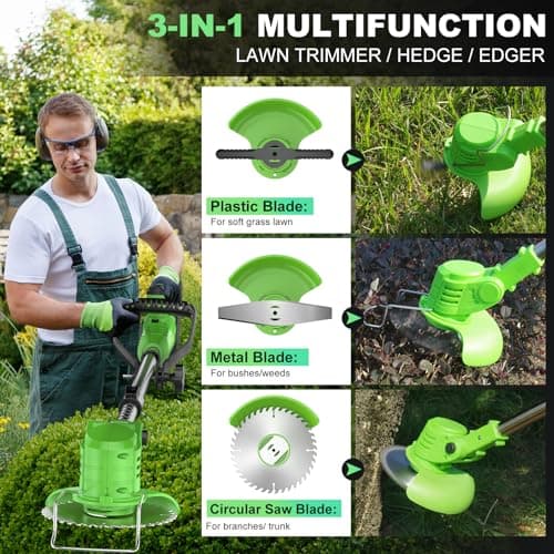 Cordless Lawn Trimmer Weed Wacker - GUIFIN 21V Lawn Mower Grass Edger with One 2.0Ah Li-Ion Battery Powered & 3 Cutting Blade Types, Compact Power Tool for Lawn Yard Work