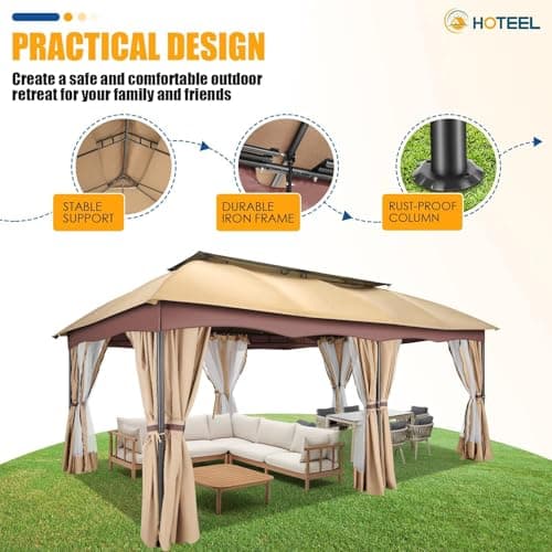 HOTEEL Gazebo 12x20, Outdoor Gazebo on Clearance with Double Ventilated Arc Roof, Privacy Curtains & Mosquito Netting, Easy Set up Canopy Tent with Stable Metal Frame for Patio, Khaki (Upgraded 2.0)