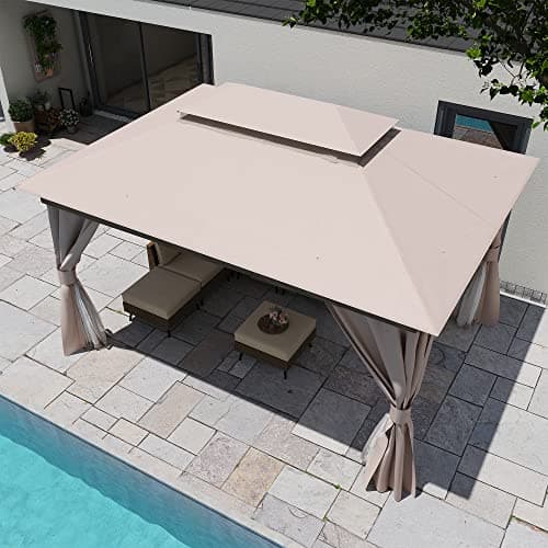 LAUSAINT HOME Outdoor Patio Gazebo 10'x13' with Expansion Bolts, Heavy Duty Gazebos Party Tent Shelter with Double Roofs, Mosquito Nets and Privacy Screens for Backyard, Garden, Lawn, Khaki