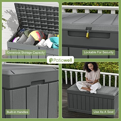Patiowell 82 Gallon Resin Deck Box, Waterproof Large Wood Look Storage Box for Patio Furniture, Pool Accessories, Garden Tools and Sports Equipment, Lockable, Grey
