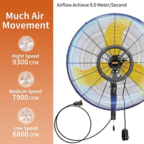 HiCFM 30 inch Misting Outdoor Oscillation Weatherproof Wall Mounted Fan with IP44 Enclosure Motor, GFCI Plug, 9300 CFM 3-Speeds High Velocity Powerful Wall Fan, UL Outdoor Approved