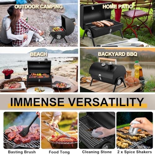 Joyfair Portable Charcoal Grill Set, Small Tabletop Barbecue Grill with Accessories Tools for Outdoor Camping BBQ Grilling Backyard Party Cooking, Heavy Duty & Innovative Design, Thermometer & Chimney
