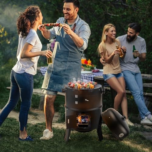 16 Inch Charcoal BBQ Smoker Grill,3-in-1 Portable Vertical Grill Cooker with Built-in Thermometers & Adjustable Vent Systems for Outdoor Backyard Cooking, Camping & Patio Parties