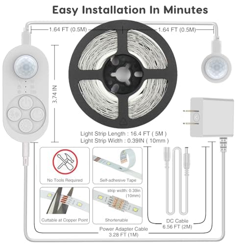 Dual Motion Sensor Light Indoor - Plug-in Motion Activated LED Stair Light Strip Step Light with Double Sensors, Dimmer And Timer for Stairway, Bedroom, Corridor (Warm White 3000K 16.4FT Light Strip)