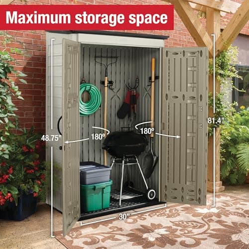 Rubbermaid Vertical Resin Outdoor Storage Shed With Floor (4 x 2.5 Ft), Weather Resistant, Beige/Brown, Organization for Home/Backyard/Pool Chemicals/Toys/Garden Tools/Porch/Patio Cushions