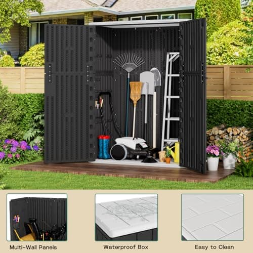 KINYING Outdoor Vertical Storage Shed,57 Cu.ft Outdoor Storage Cabinet Waterproof,Resin Sheds & Outdoor Storage Clearance for Garden,Patio,Backyard,Lockable (Black)