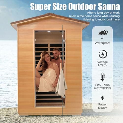Outdoor Sauna 2 Person Far Infrared Saunas Dry Home Sauna Room Hemlock 1 to 2 Person Wood Sauna 1950W/110V Low EMF with Bluetooth Speaker, Reading Light, Cup Holder and Towel Rack - 47*39*82 IN