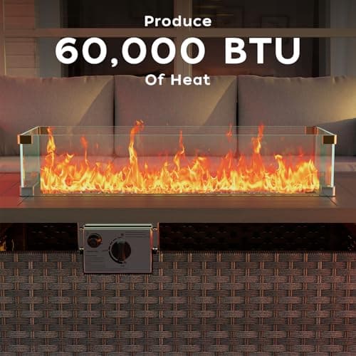 Patio Furniture Set with 44'' Fire Pit Table, 7 Piece 60,000 BTU Comfortable Wicker Rattan Outdoor Furniture Set with Propane Fire Pit, Patio Conversation Set for Porch,Deck,Poolside,Grey