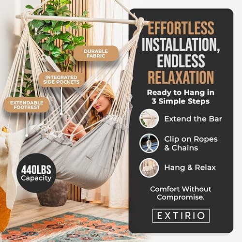 Indoor Hammock Chair Swing - Hanging Hammock Swing Chair - Indoor/Outdoor - Hanging Chairs for Bedroom, Patio, Porch, Swinging Chair Hammock for Adults - Built-In Footrest - Spacious Full-Body Support