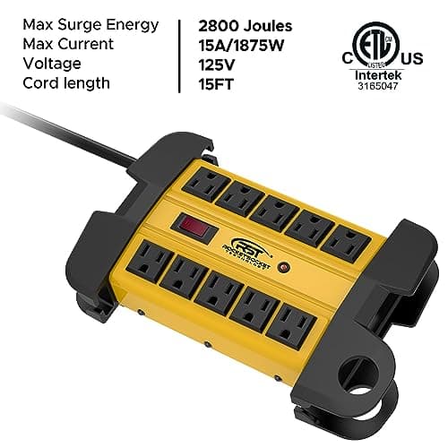 CRST 10-Outlets Heavy Duty Power Strip Metal Surge Protector with 15 Amps, 15-Foot Power Cord 2800 Joules for Garden, Kitchen, Office, School, ETL Listed(3165047) (10-Outlet, Yellow)