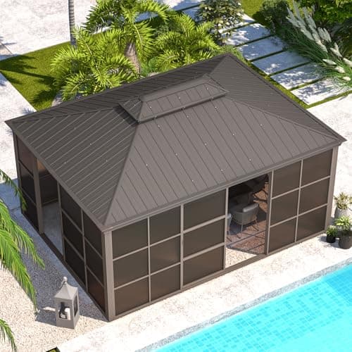 EROMMY 12' x 16' Sunroom, All-Season Gazebo Solarium with Sliding Doors, Lockable PC Screen Walls, Outdoor Permanent Sun Room with Galvanized Steel Roof, Aluminum Frame, for Garden, Patio, Deck