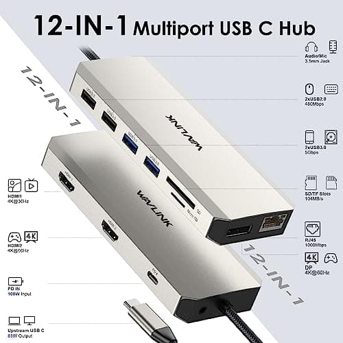 WAVLINK USB C Docking Station - Dual Monitor, Triple Display, 2 HDMI, DisplayPort, PD Charging, Ethernet, 5 USB, SD/TF Card Reader, Audio for MacBook, Dell, HP, Lenovo, Surface