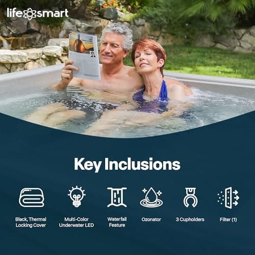 Lifesmart 5-Person Hot Tub, Portable Outdoor Spa w/LED, Waterfall, Cover & Ozonator, Sand