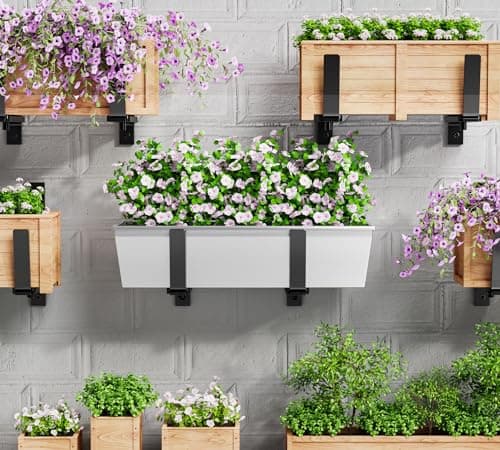 Y&M 2 Pack Adjustable Planter Box Brackets (6 to 12.5 in), Universal Window Box Brackets, Heavy Duty Iron Flower Box Wall Mounting Hooks for Balcony, Fences, Patio, and Garden - Black