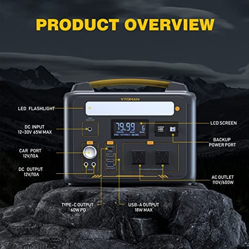 VTOMAN Jump 600X Portable Power Station, LFP Battery Powered Generator with 2x 600W AC Outlets (Surge 1200W), 4x USB ports, 3x DC Output for Outdoor Camping, Vehicle Emergency, Electric Backup