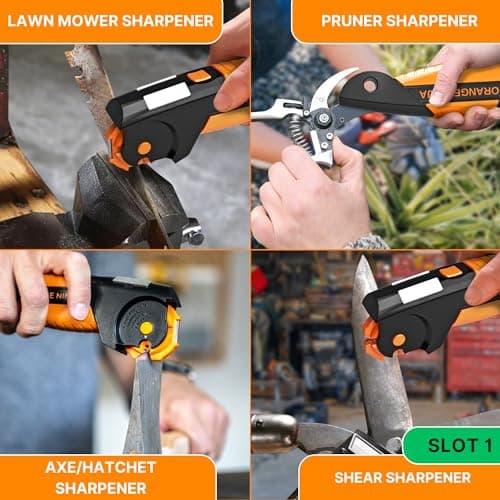 Orange Ninja All-in-1 Garden Tool & Knife Sharpener for Lawn Mower Blade, Axe, Hatchet, Machete, Pruner, Hedge Shears by Sharp Pebble