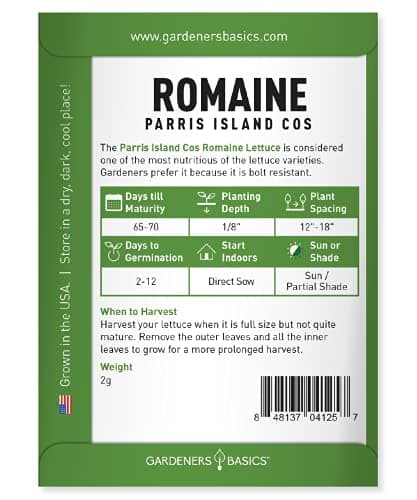 Gardeners Basics, Romaine Lettuce Seeds for Planting - Parris Island Cos Heirloom, Non-GMO Vegetable Variety- 2 Grams Seeds Great for Spring, Summer, Fall, Winter Garden and Hydroponics