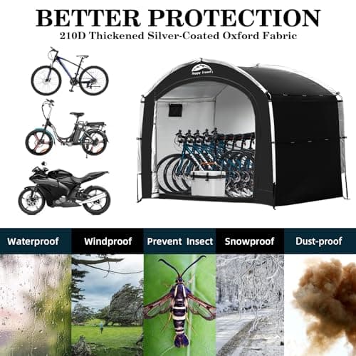 Happy Travel Bike Storage Shed Tent,Outdoor Portable Bicycle Storage Sheds with 210D Oxford Fabric PU4000 Waterproof for 2/3/4/6/8 Bikes,Bike Covers Shelter for Motorcycle,Garden Tools,Toys,Lawn Mower