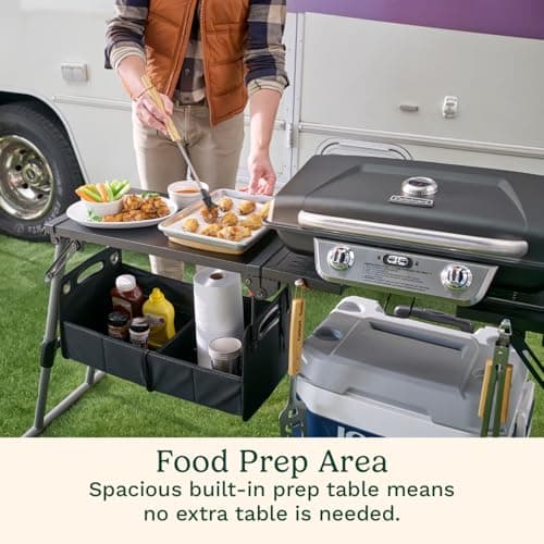 Cuisinart Prep ‘N Go Folding Gas Grill, Portable Stand-Up Propane Grill with Compact Fold and Storage Tote, Wheels and Side Table, 18,000 BTUs for Camping, Tailgating, Outdoor Cooking