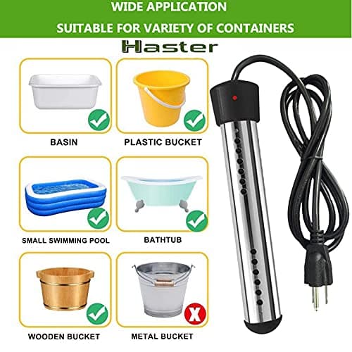 HASTER 2000W Immersion Water Heater for Inflatable Pool Bathtub,Bucket Heater with 304 SS Guard,Electric Submersible Water Heater with LCD Thermometer,Heat 5 Gallon Water in Minutes (Black)