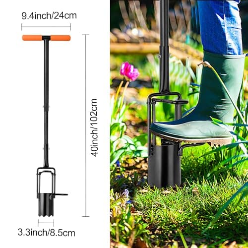 Bulb Planter Tool Long Handle, Tulip Bulb Planter Tool with Serrated Base & Double Pedal, Soft T Grip Sod Plugger, Heavy Duty Bulb Planter Tool for Digging Holes Sowing Plant Bulb