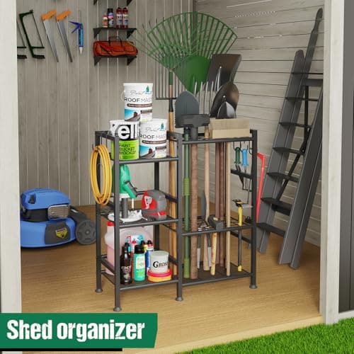 keomaisyto Garden Tool Organizer for Garage Organization, 3 Tier Yard Tool Storage Rack with 35 Long-Handled Tool Slots, Heavy Duty Garden Tool Holder with Large Hooks for Shed, Yard, Garage