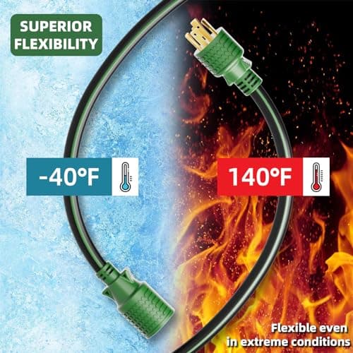 4 Prong 30 Amp Extension Generator Cord 50FT, NEMA L14-30P/L14-30R, 125/250 Volt Up to 7500 Watts, 10 Gauge SJTW Twist Lock Power Cord for Manual Transfer Switch, Black&Green, ETL Listed
